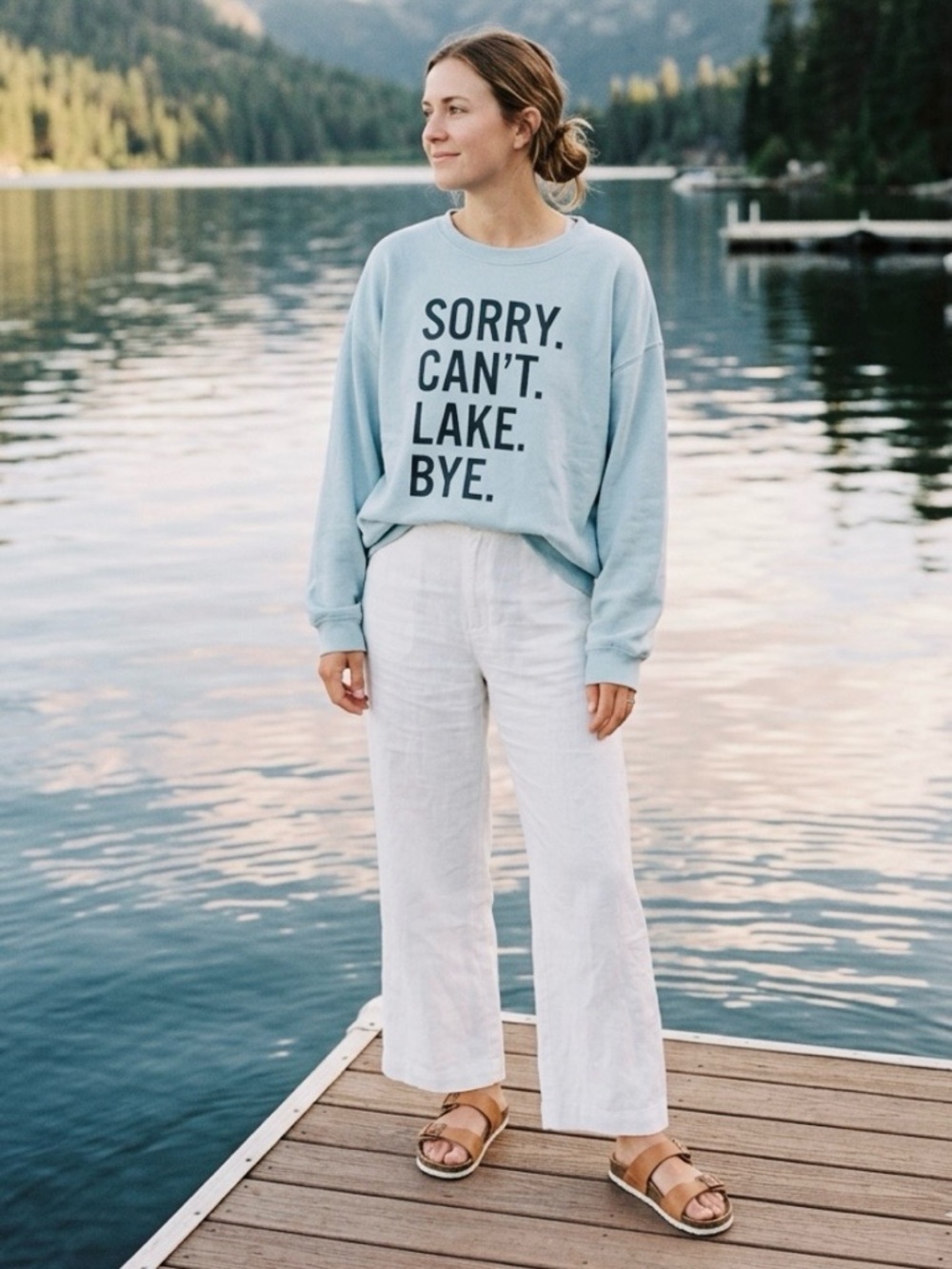 New Ivy + Cloth Lake Graphic Oversized Boho Terry Sweatshirt Medium Light Blue